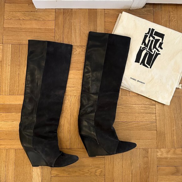 Isabel Marant Sheila Black Suede/Leather Knee High Wedge Boot 4in/100mm Size 40 - Picture 3 of 5
